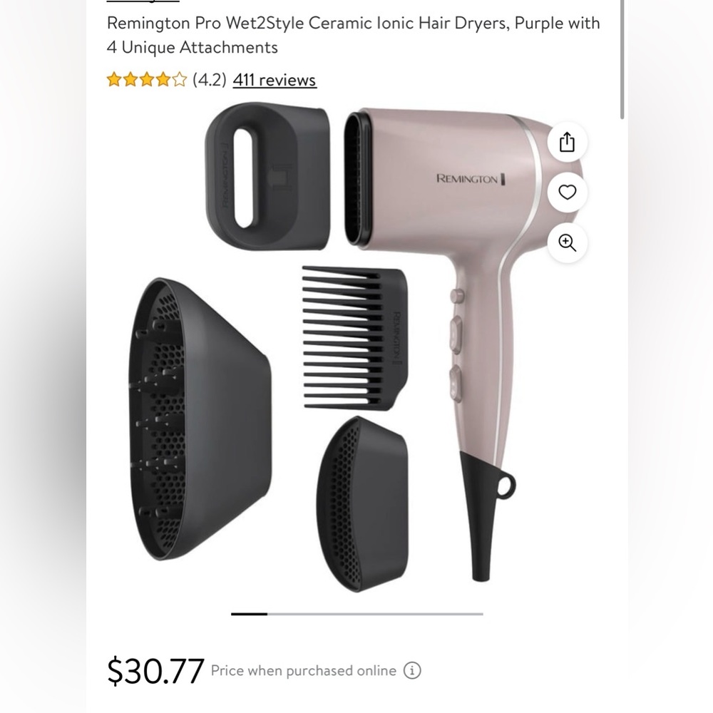 Remington Pro Wet2Style Ceramic lonic Hair Dryers, Purple 4 Unique Attachments